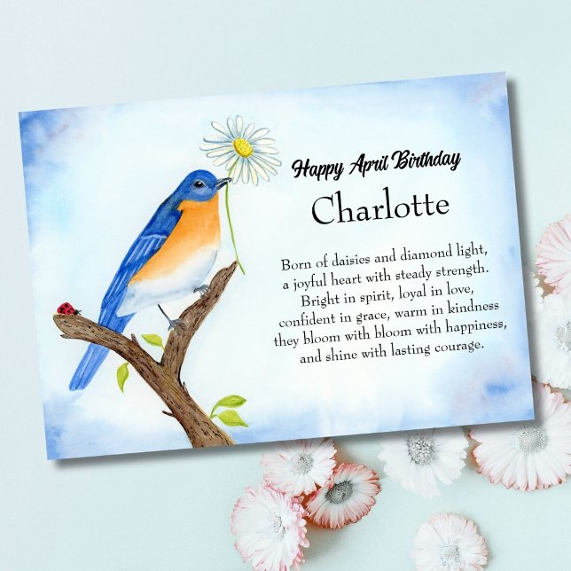 Cartão Personalize Happy April Birthday with Bluebird (Criador carregado)