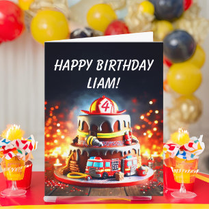 Cartão Personalize Idade Bombeiro Bolo de Aniversário art