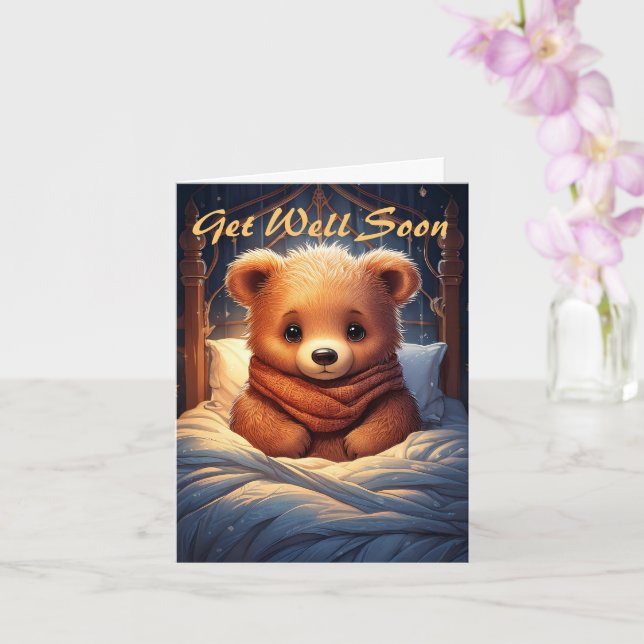 Cartão Personalize o Urso Bebê Doente na Cama Fique Bem E (Orquídea)