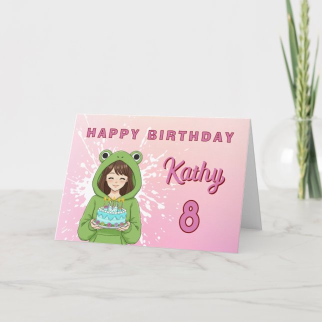 Cartão Personalized Kawaii Frog Hoodie Girl Birthday (Frente)
