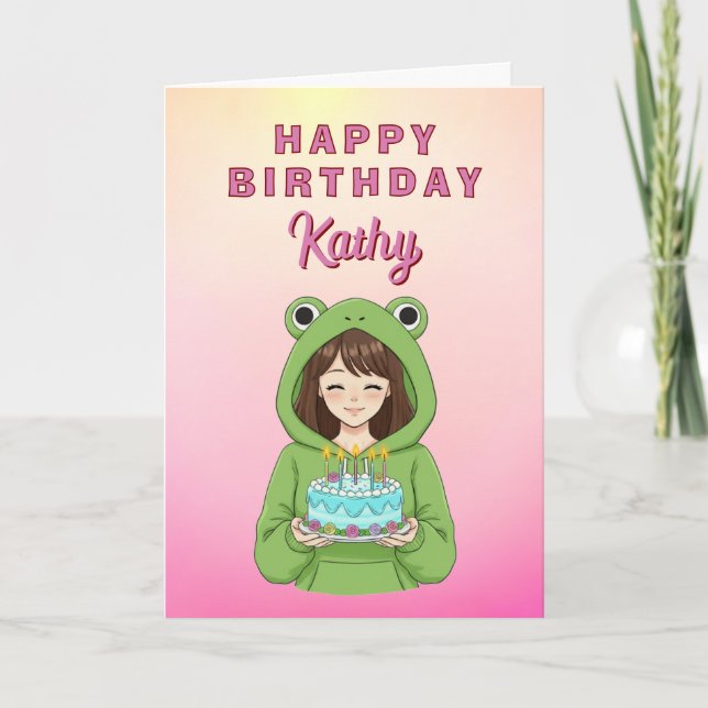 Cartão Personalized Kawaii Frog Hoodie Girl Birthday (Frente)