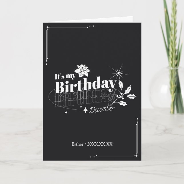 Cartão Personalized Modern Black Floral December Birthday (Frente)
