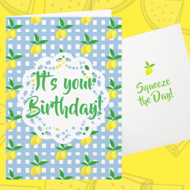 Cartão Personalized Yellow Lemons Blue White Birthday  (Personalize it!)