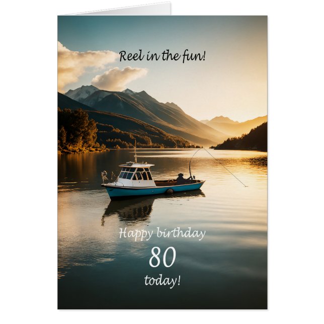 Cartão Pesca de 80 de Aniversário a Partir de um Barco (Frente)