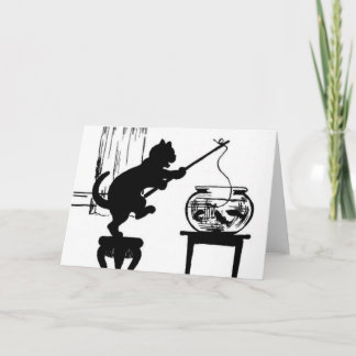 Cartão Pesca preta/branca do gato da silhueta nos peixes