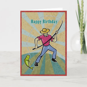 Cartão Pescador que captura peixe com vintagem de vara de