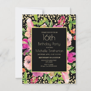 Cartão Pêssego Floral Preto Dourado Brilho 16 Anos
