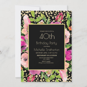 Cartão Pêssego Floral Preto Dourado Brilho 40º Aniversári