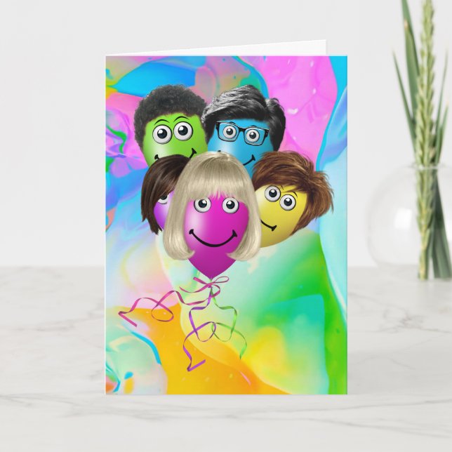 Cartão Pessoas engraçadas Balões de Aniversário do Grupo (Frente)