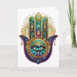 Cartão Pétalas Violeta Verde Dourado Hamsa Turquesa Terce