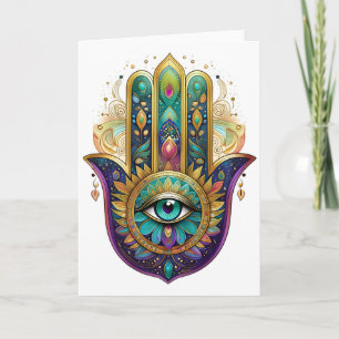 Cartão Pétalas Violeta Verde Dourado Hamsa Turquesa Terce