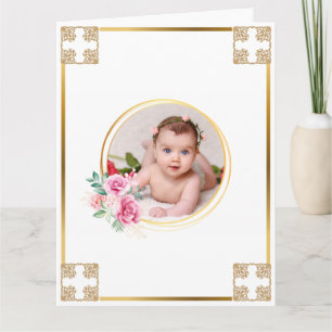 Cartão Photo baptism gold cross floral bouquet chic
