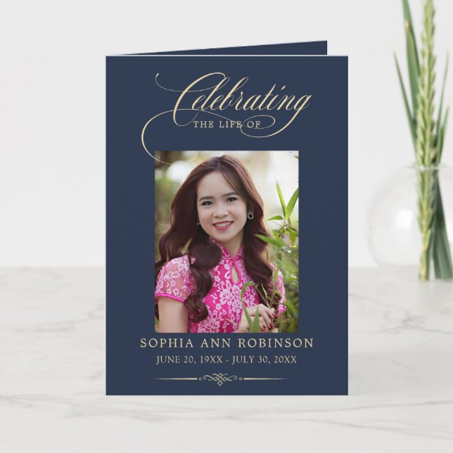 Cartão Photo Elegant Blue Gold Funeral Keepsake Program (Frente)