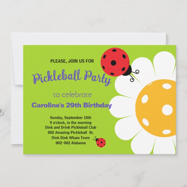Cartão Pickleball Daisy & Ladybug B- dia Invtation+ RSVP (Frente)