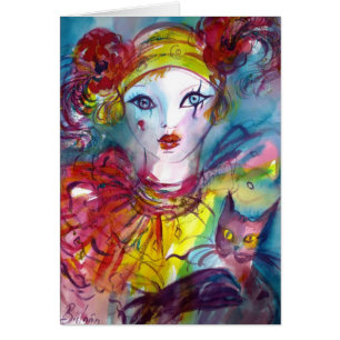 Cartão Piero com gato/máscaras Venetian do mascarada