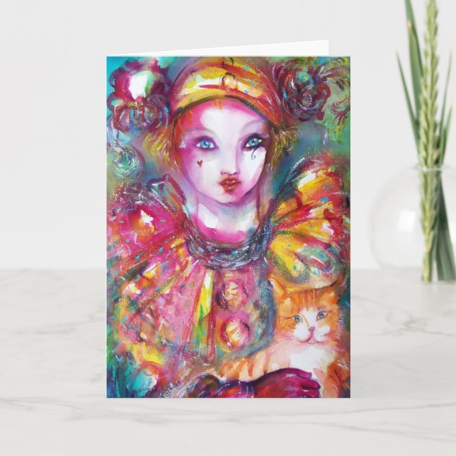 Cartão Pierrot com Gato / Máscaras de Mascarada Veneziana (Frente)