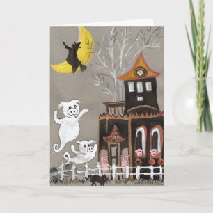 Cartão Pig Ghosts Haunted House Halloween CARD
