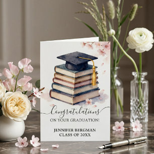 Cartão Pilha de Livros de Aquarela de Cerejeira em Flor G