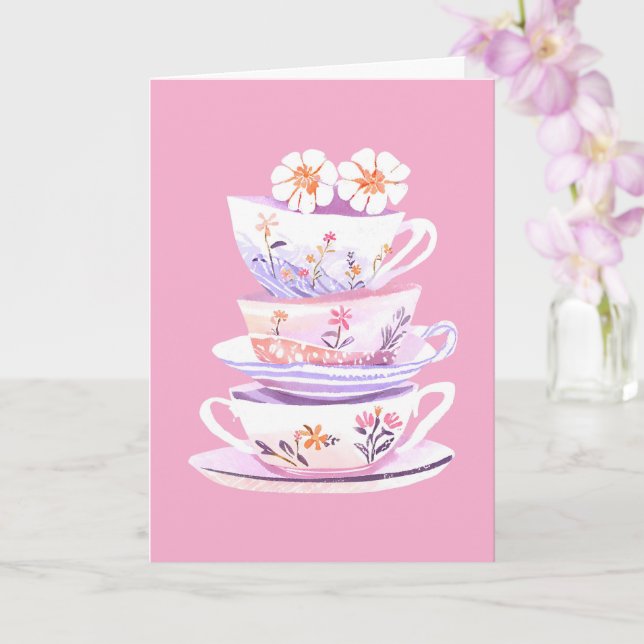 Cartão Pilha de xícara de chá em pastel e flores bênçãos (Orquídea)