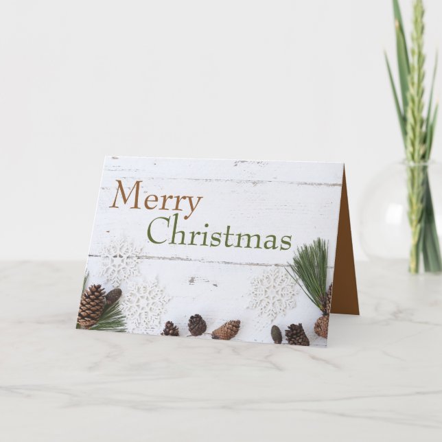 Cartão Pine Cones & Snowflakes, Saudação de Natal (Frente)