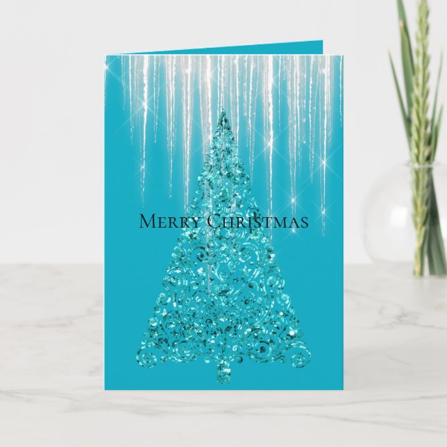 Cartão Pingentes de Água Azul Brilham na Árvore de Natal (Frente)