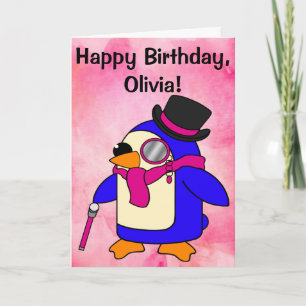 Cartão Pingueiro Pinguim de Aniversário Pastel Rosa Perso