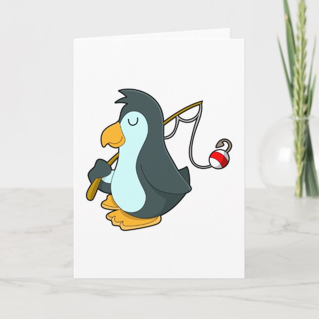 Cartão Pinguim a pescar com haste de pesca (Frente)