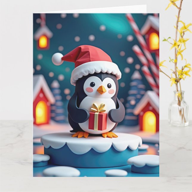 Cartão Pinguim Alegre com Presente no Natal Nevado (Flor Amarela)
