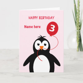 Cartão Pinguim-aniversário de 3 anos pinguim-cuteiro