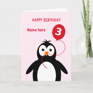 Cartão Pinguim-aniversário de 3 anos pinguim-cuteiro