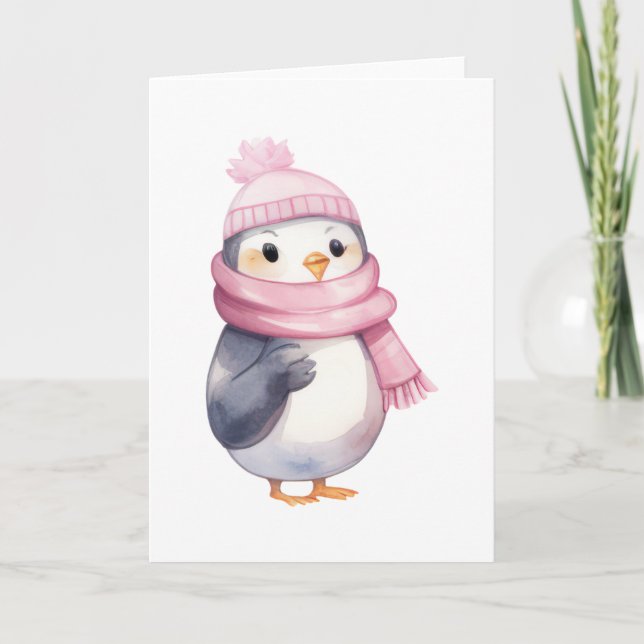 Cartão Pinguim Aquarela com Cachecol Rosa (Frente)