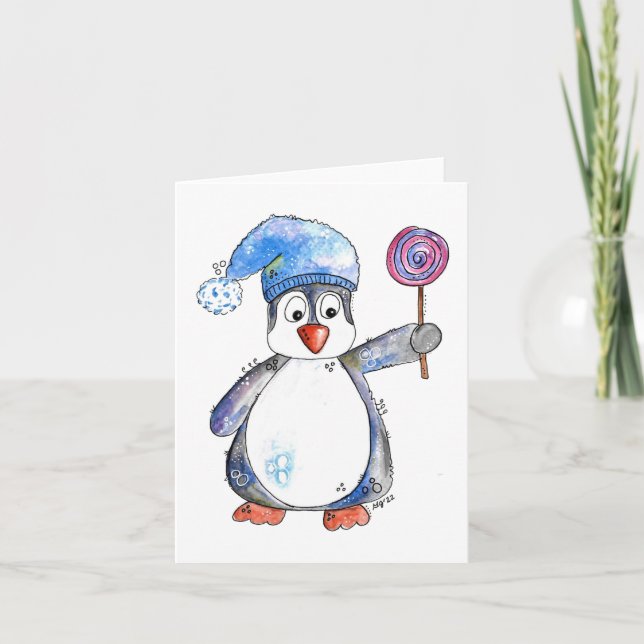 Cartão Pinguim Caprichoso Fofo com uma Pirulito (Frente)