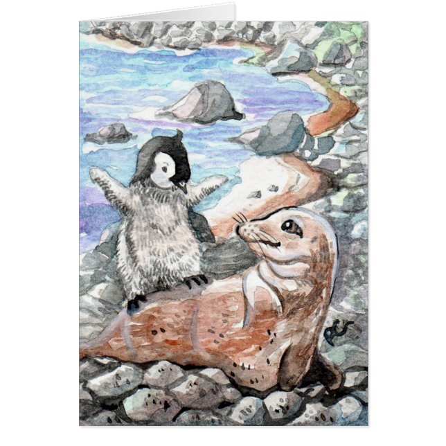 Cartão Pinguim com foca-bebê (Frente)