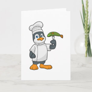 Cartão Pinguim como cozinheiro com peixe e avental de coz