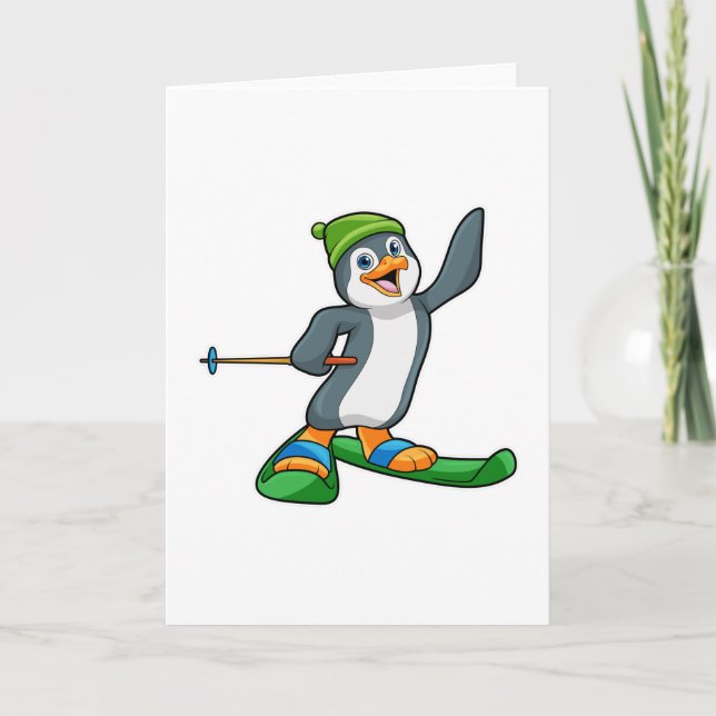 Cartão Pinguim como Esquiador com Esqui e Gorro (Frente)