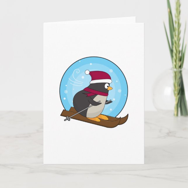 Cartão Pinguim como esquiador com esquis (Frente)