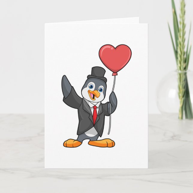 Cartão Pinguim como Groom com Heart Ballon (Frente)