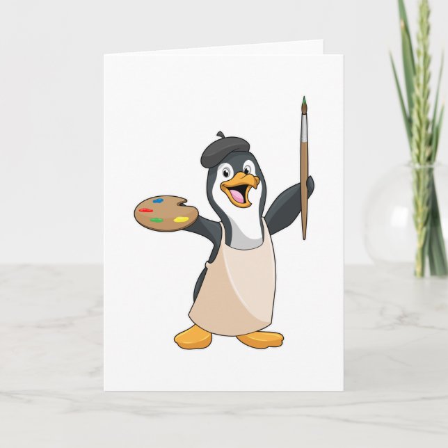 Cartão Pinguim como Pintor com Pincel de Pintura & Cor (Frente)