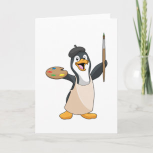 Cartão Pinguim como Pintor com Pincel e Cor