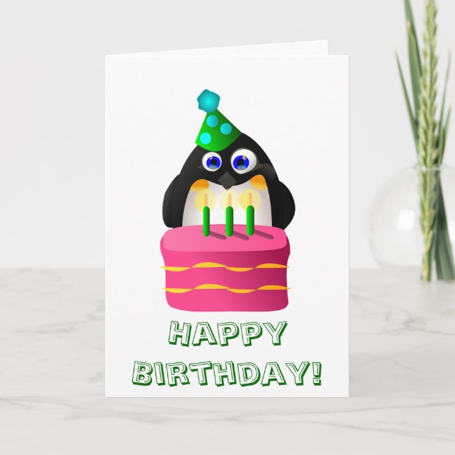 Cartão Pinguim De Aniversário Com Bolo (Frente)