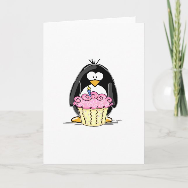 Cartão Pinguim de aniversário com Cupcake (Frente)