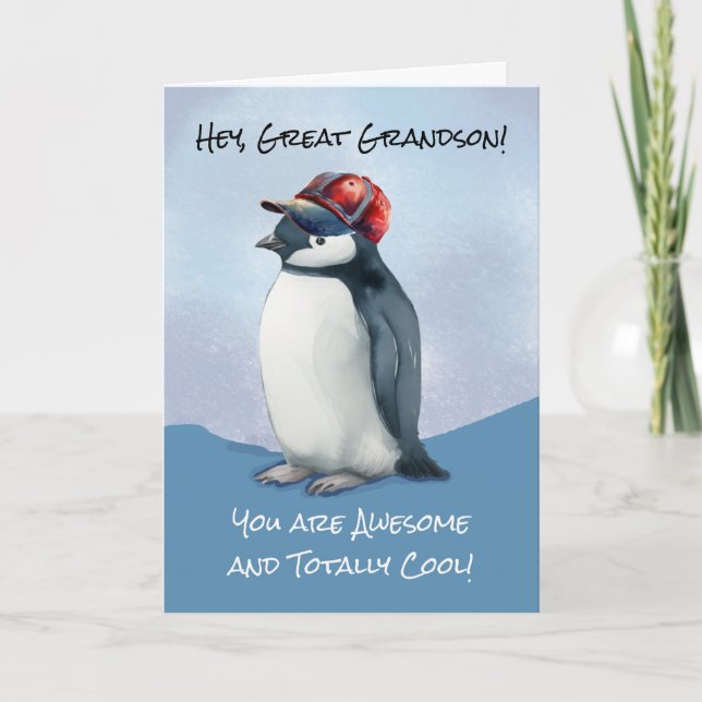 Cartão Pinguim de aniversário do neto excelente com chapé (Frente)