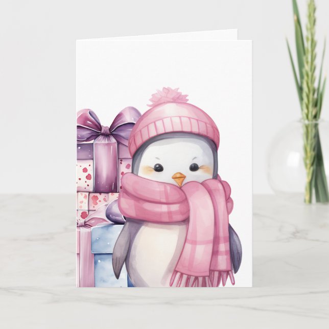 Cartão Pinguim de Aquarela Fofa em Rosa com Presentes (Frente)