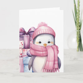 Cartão Pinguim de Aquarela Fofa em Rosa com Presentes