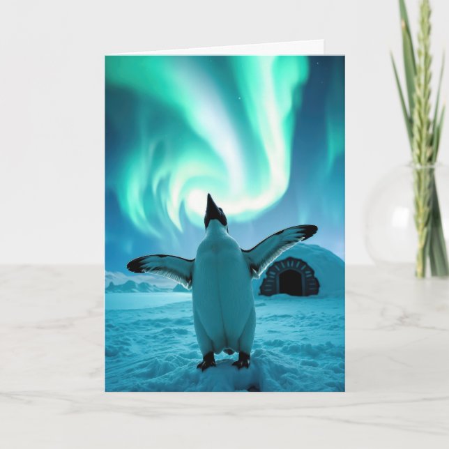 Cartão Pinguim de Feliz Natal sob Luzes do Norte (Frente)