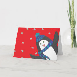 Cartão Pinguim de Natal bonito em vermelho