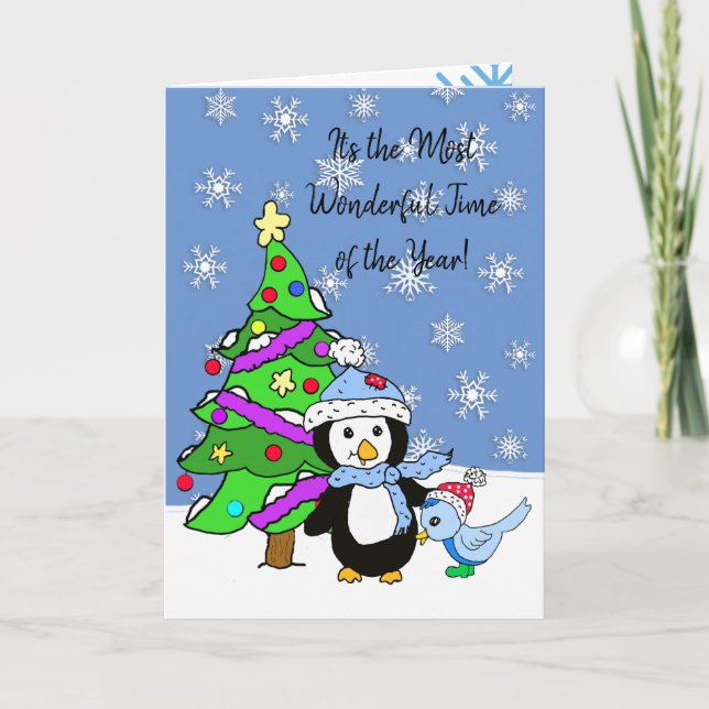 Cartão Pinguim de Natal Feliz Personalizado (Frente)