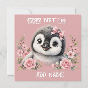 Cartão Pinguim Fêmea: Bebê Animal laço Pastel & Flores