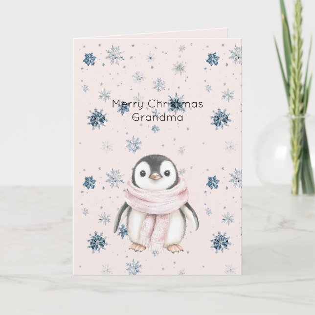Cartão Pinguim Flocos de Neve Natal Rosa Rubor (Frente)