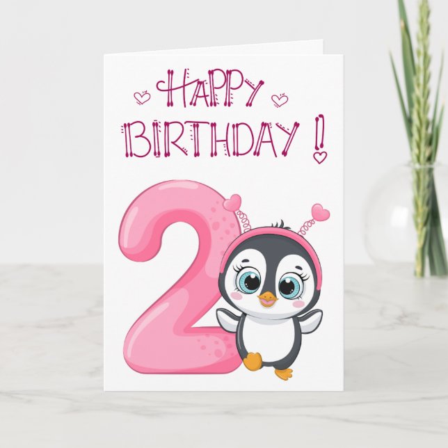 Cartão Pinguim Fofo Feliz 2º Aniversário (Frente)